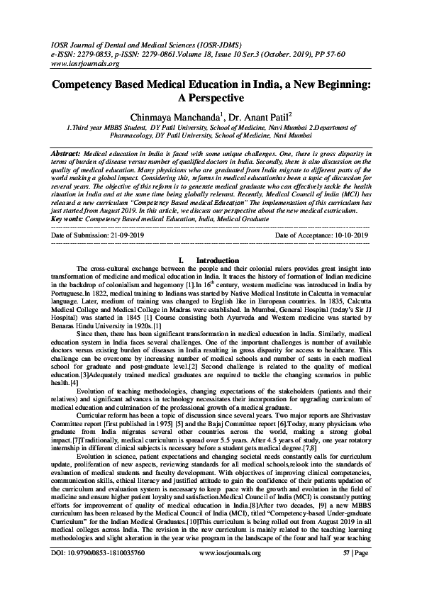 (PDF) Competency Based Medical Education in India, a New Beginning: A ...
