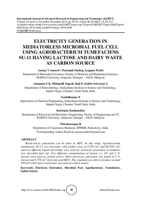 (PDF) Electricity Generation in Mediatorless Microbial Fuel Cell Using ...