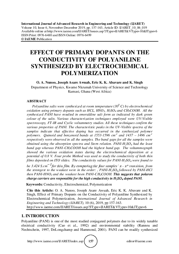 (PDF) EFFECT OF PRIMARY DOPANTS ON THE CONDUCTIVITY OF POLYANILINE ...