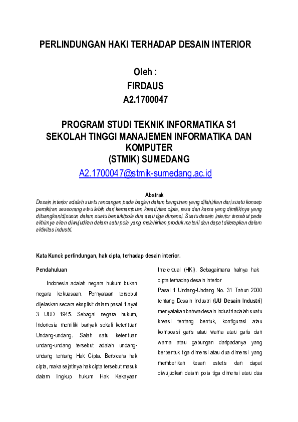 (DOC) PERLINDUNGAN HAKI TERHADAP DESAIN INTERIOR Oleh : FIRDAUS A2 ...
