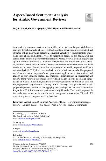 (PDF) Aspect-Based Sentiment Analysis for Arabic Government Reviews