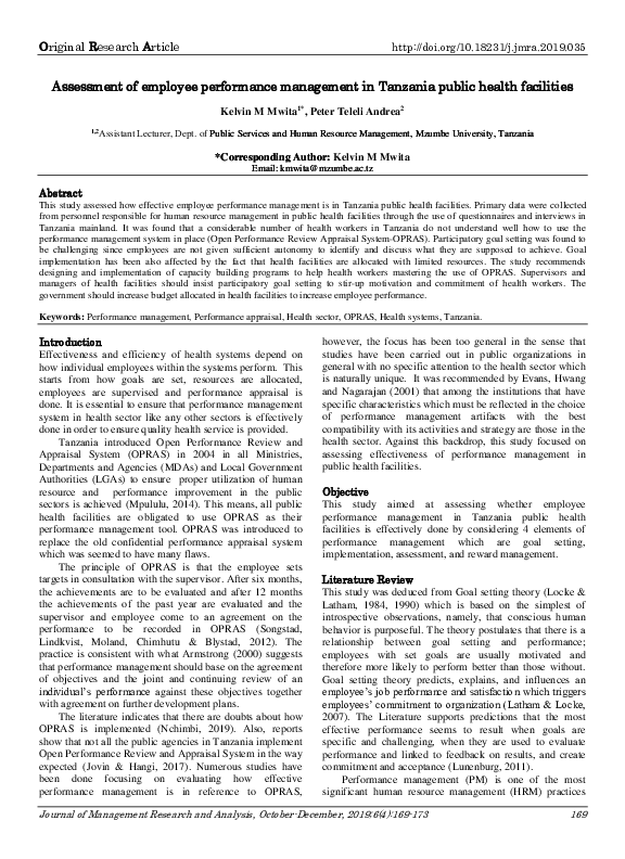(PDF) Assessment of employee performance management in Tanzania public ...