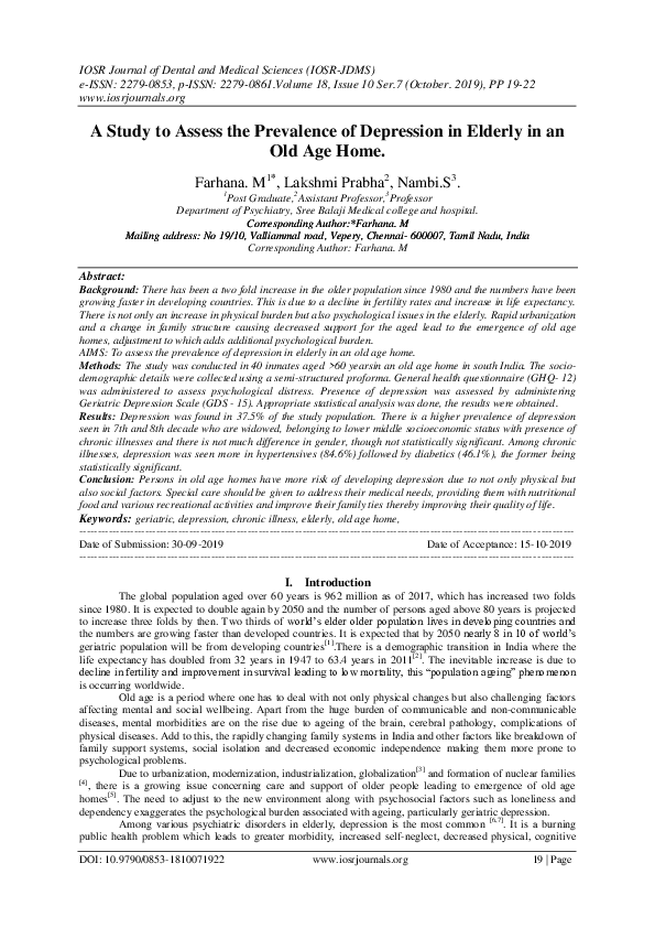 (PDF) A Study to Assess the Prevalence of Depression in Elderly in an ...