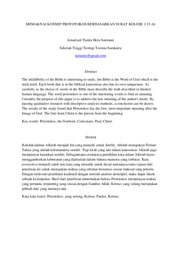 (DOC) ANALISIS KATA PROTOTOKOS BERDASARKAN SURAT KOLOSE 1:15-16