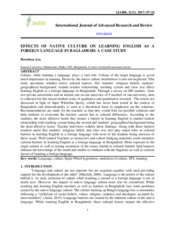 (PDF) EFFECTS OF NATIVE CULTURE ON LEARNING ENGLISH AS A FOREIGN ...