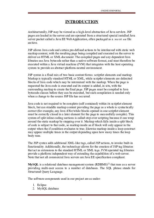 (DOC) Online Job Portal Java Project report (1) Priya Babee