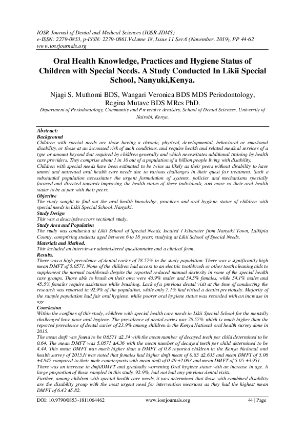 (PDF) Oral Health Knowledge, Practices and Hygiene Status of Children