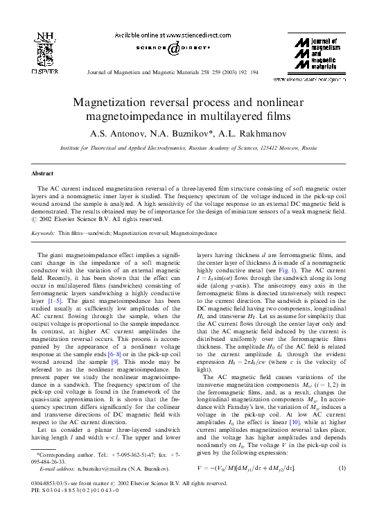 (PDF) Magnetization reversal process and nonlinear magnetoimpedance in ...