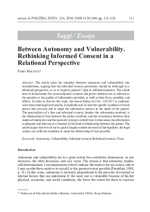 (PDF) Between Autonomy and Vulnerability. Rethinking Informed Consent ...