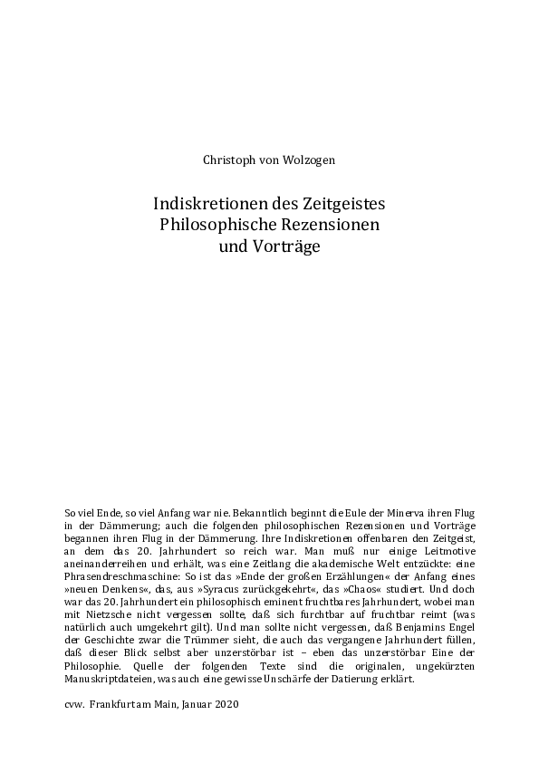 Pdf Indiskretionen Des Zeitgeistes Philosophische Rezensionen Und Vortrage Christoph Von Wolzogen Academia Edu