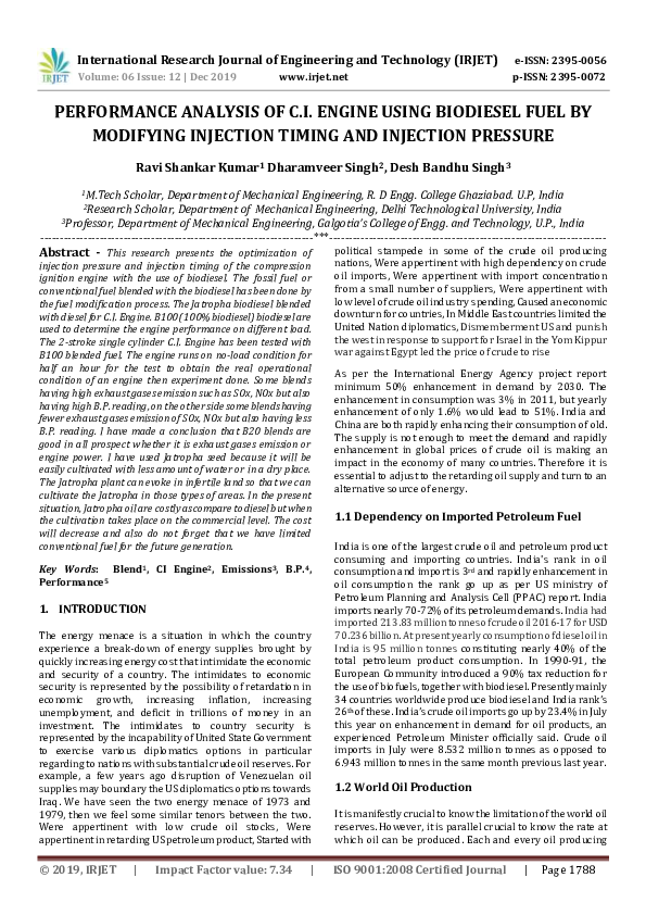 (PDF) IRJET- PERFORMANCE ANALYSIS OF C.I. ENGINE USING BIODIESEL FUEL ...
