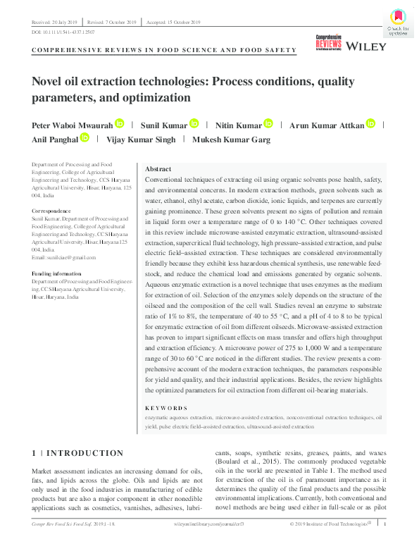 (PDF) Novel oil extraction technologies: Process conditions, quality ...