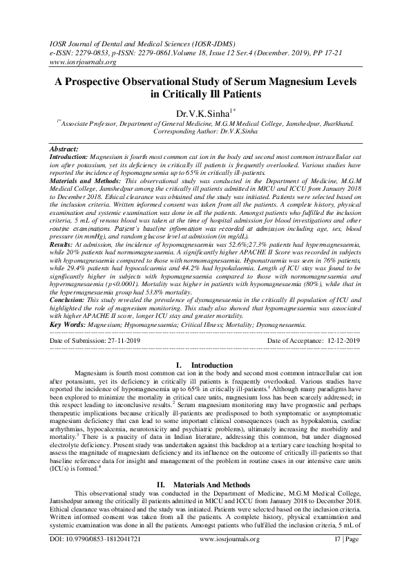 (PDF) A Prospective Observational Study of Serum Magnesium Levels in ...