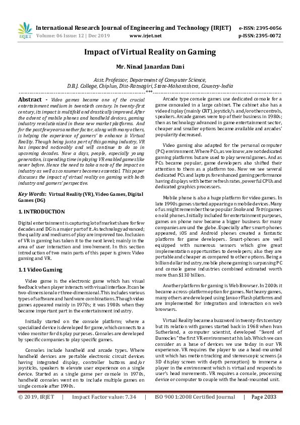 (PDF) IRJET Impact of Virtual Reality on Gaming IRJET Journal