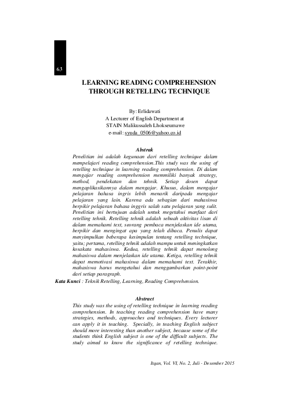 (PDF) LEARNING READING COMPREHENSION THROUGH RETELLING TECHNIQUE