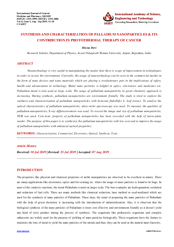 (PDF) SYNTHESIS AND CHARACTERIZATION OF PALLADIUM NANOPARTICLES & ITS ...