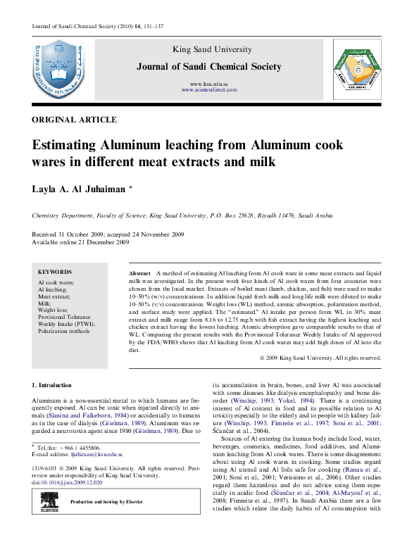 (PDF) Estimating Aluminum leaching from Aluminum cook wares in