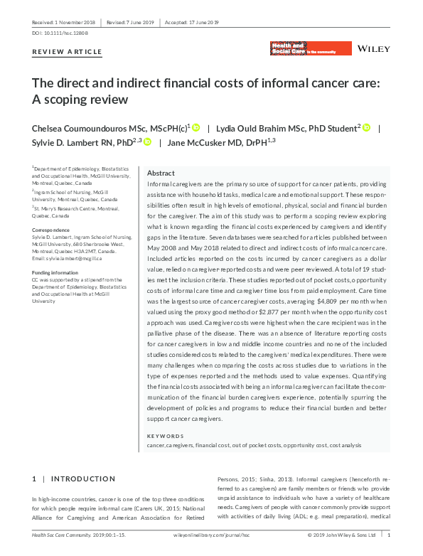 (PDF) The direct and indirect financial costs of informal cancer care ...