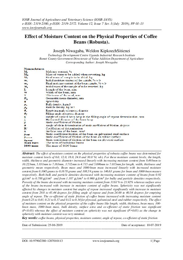 (PDF) Effect of Moisture Content on the Physical Properties of Coffee