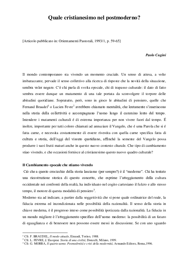(PDF) Quale cristianesimo nel postmoderno