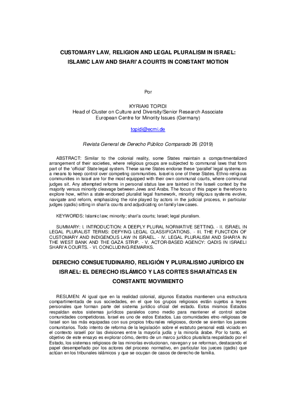 (PDF) CUSTOMARY LAW, RELIGION AND LEGAL PLURALISM IN ISRAEL ISLAMIC