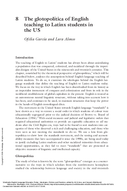 The glotopolítica of English teaching to Latinx students in the US