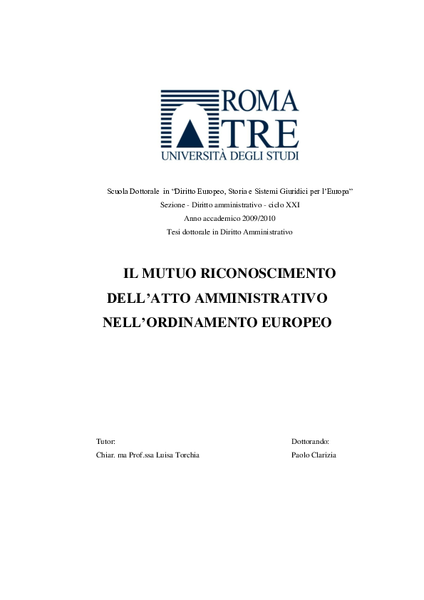 (PDF) IL MUTUO RICONOSCIMENTO DELL'ATTO AMMINISTRATIVO NELL'ORDINAMENTO ...