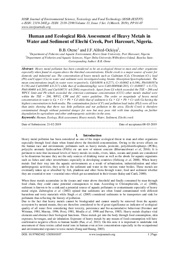 (PDF) Human and Ecological Risk Assessment of Heavy Metals in Water and ...