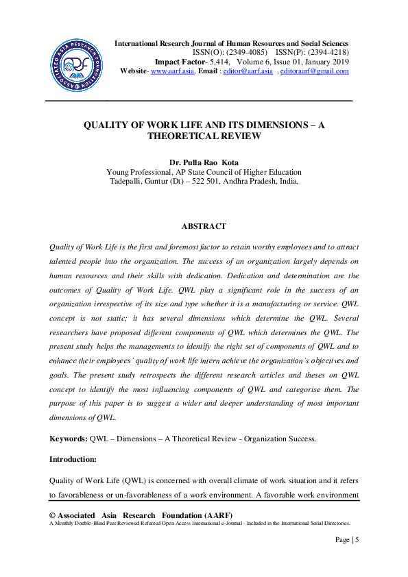  PDF QUALITY OF WORK LIFE AND ITS DIMENSIONS A THEORETICAL REVIEW 