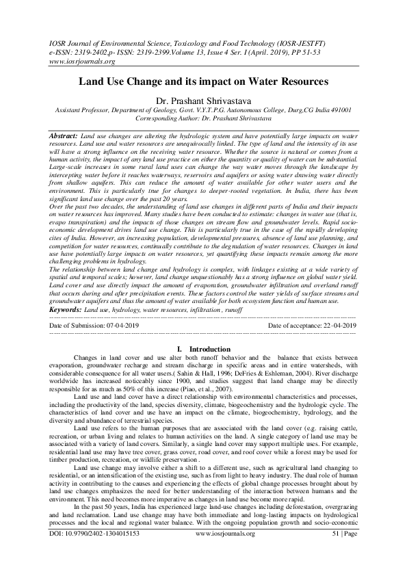 (PDF) Land Use Change and its impact on Water Resources IOSR Journals