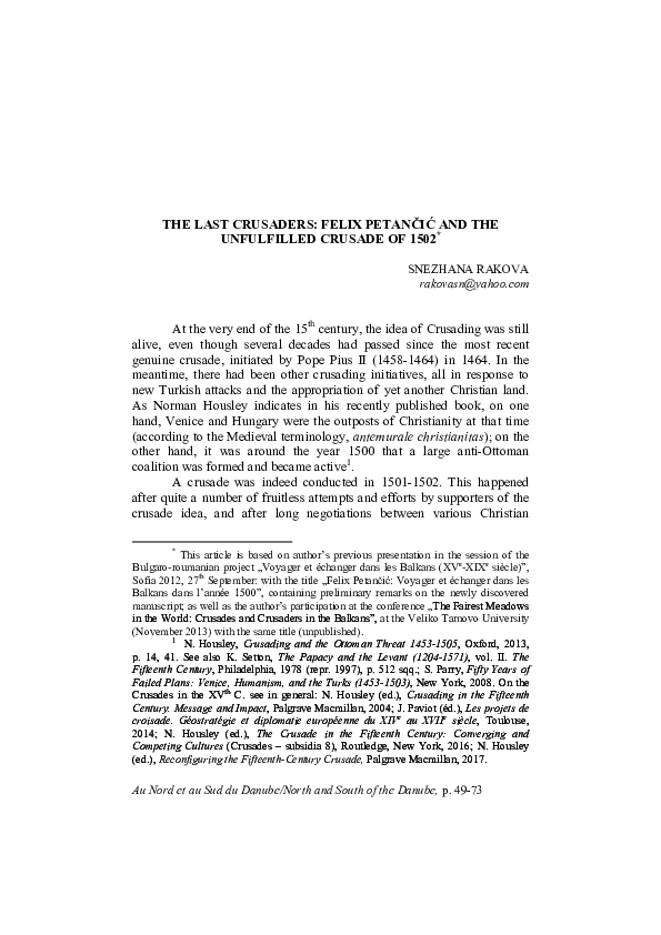 THE LAST CRUSADERS: FELIX PETANČIĆ AND THE UNFULFILLED CRUSADE OF 1502