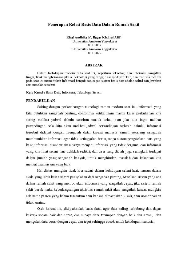 Pdf Penerapan Relasi Basis Data Dalam Rumah Sakit