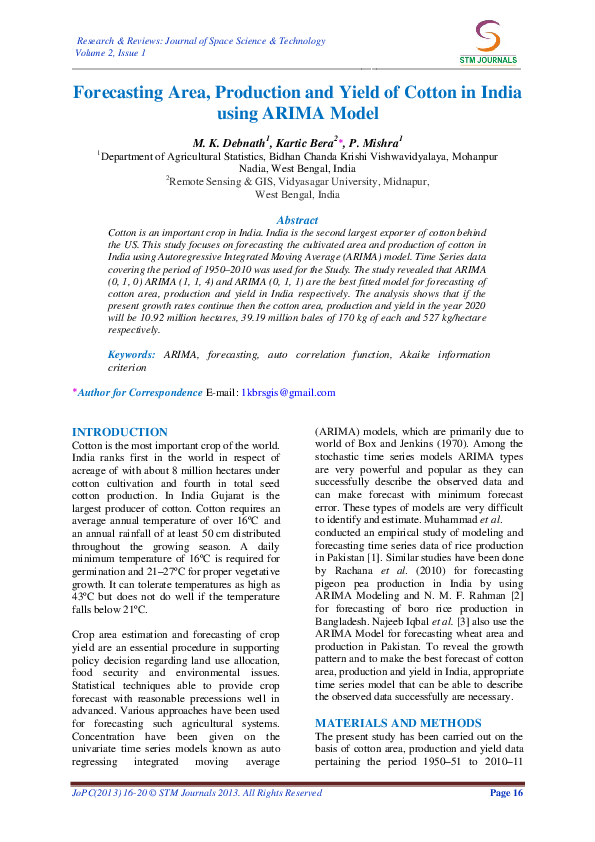 (PDF) Forecasting Area, Production and Yield of Cotton in India using ...