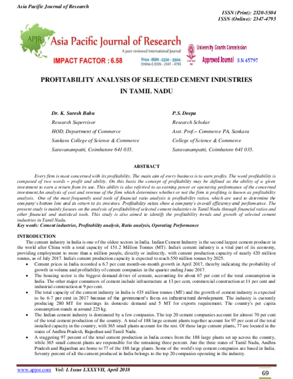 (PDF) 69 PROFITABILITY ANALYSIS OF SELECTED CEMENT INDUSTRIES IN TAMIL NADU