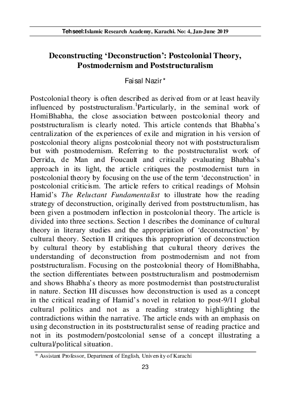 (PDF) Deconstructing 'Deconstruction' Deconstructing 'Deconstruction' Postcolonial Theory