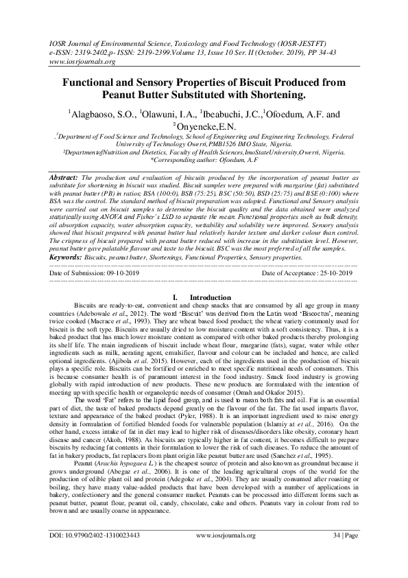 (PDF) Functional and Sensory Properties of Biscuit Produced from Peanut