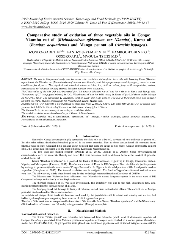 (PDF) Comparative study of oxidation of three vegetable oils in Congo