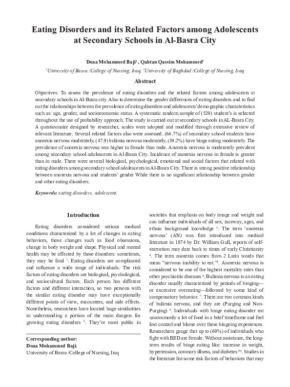 (PDF) Eating Disorders and its Related Factors among Adolescents at ...