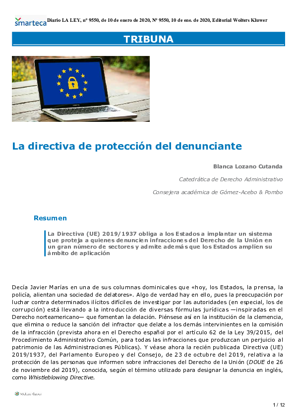(PDF) La directiva de protección del denunciante Blanca Lozano Cutanda Academia.edu