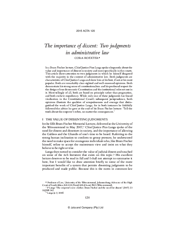(PDF) The Importance of Dissent Two Judgments in Administrative Law