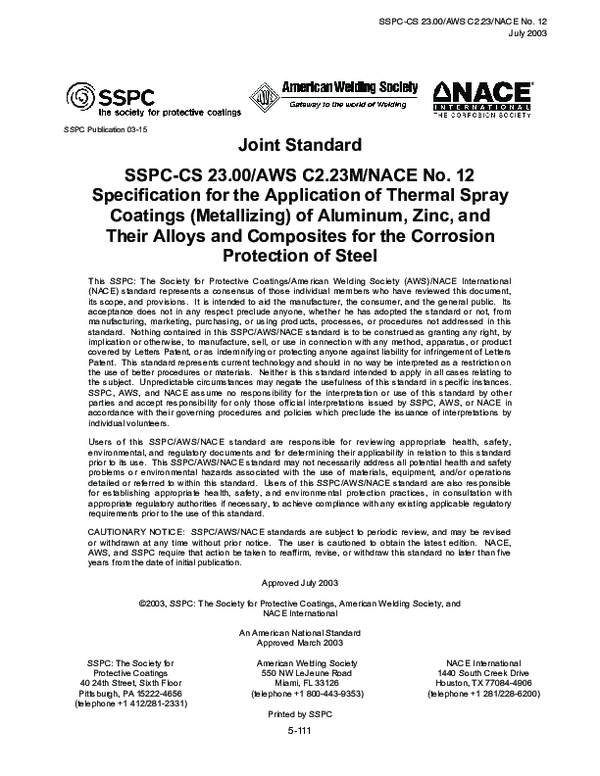 (PDF) Specification for the Application of Thermal Spray Coatings
