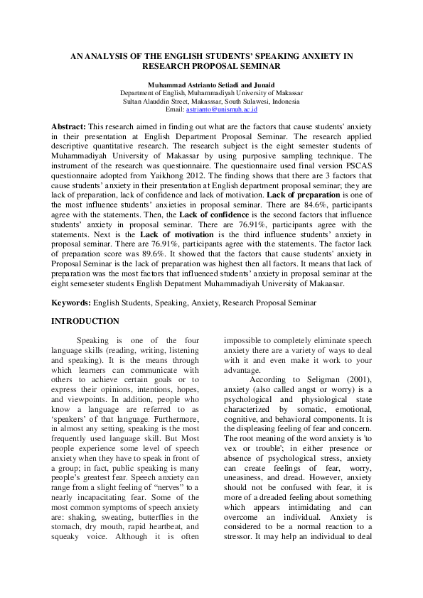 (DOC) AN ANALYSIS OF THE ENGLISH STUDENTS' SPEAKING ANXIETY IN RESEARCH ...
