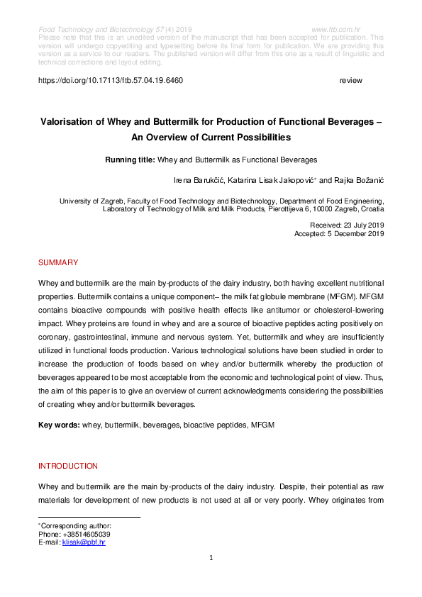 (PDF) Valorization of whey and buttermilk for production of functional ...