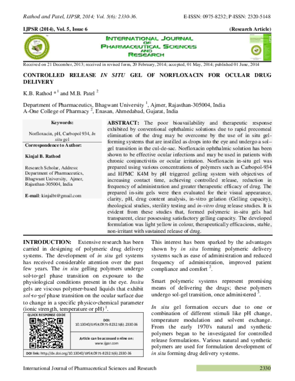(PDF) CONTROLLED RELEASE IN SITU GEL OF NORFLOXACIN FOR OCULAR DRUG ...