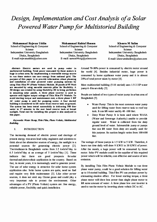 (PDF) Design, Implementation and Cost Analysis of a Solar Powered Water ...