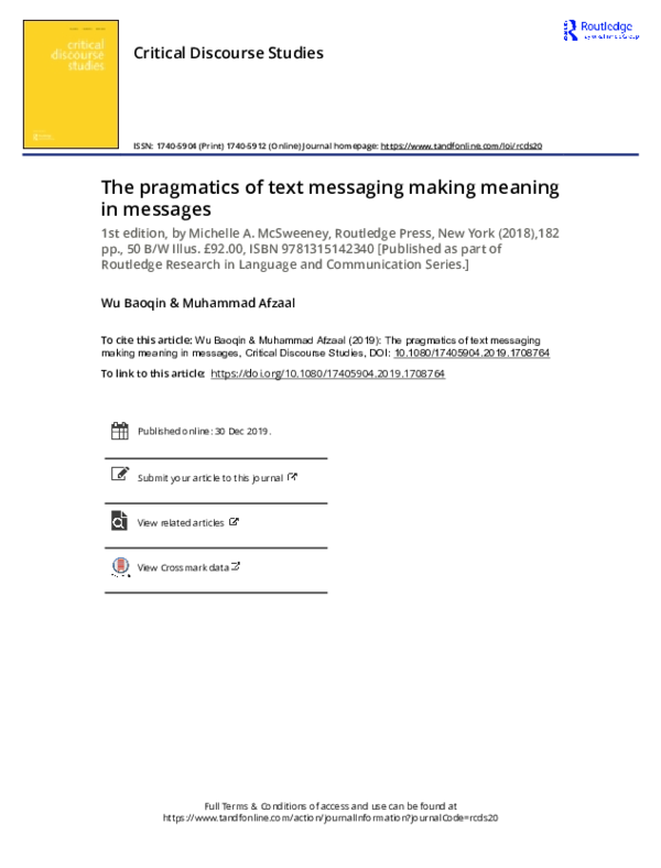 (PDF) Critical Discourse Studies The pragmatics of text messaging ...