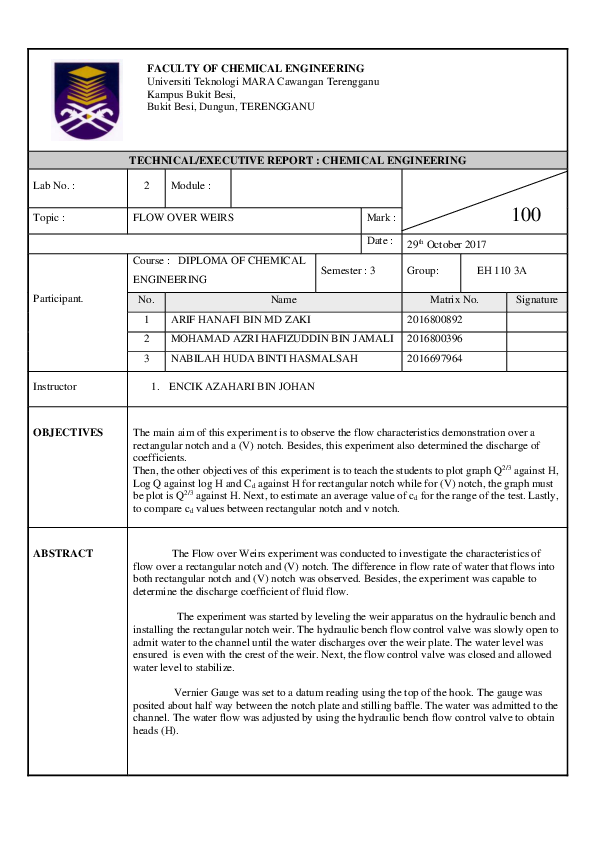 (DOC) CHE241 Fluid Mechanics Lab Report Flow Over Weirs Arif Hanafi