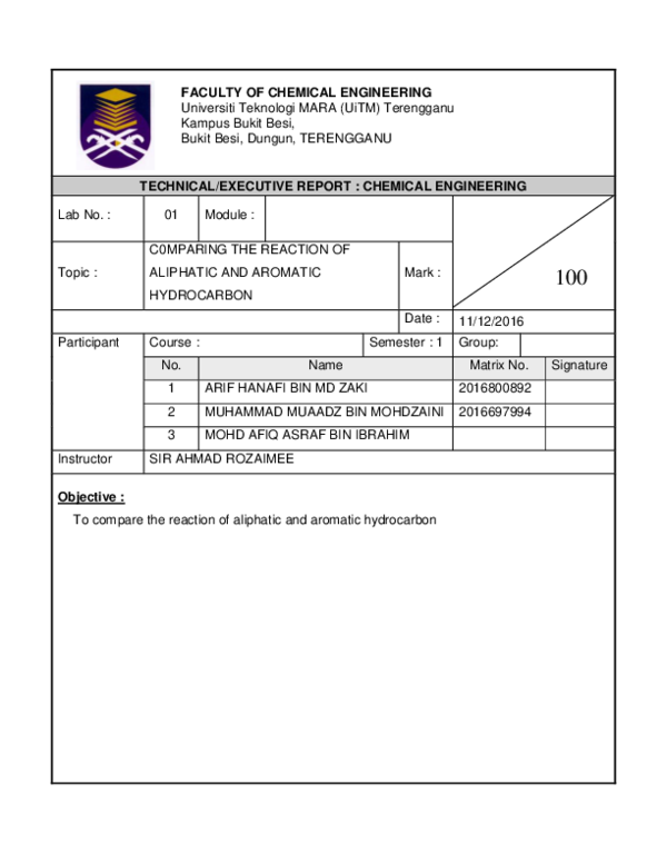 Doc Che143 Anic Chemistry Lab Report Paring The Reaction Of Aliphatic And Aromatic Pound Arif Hanafi Academia Edu
