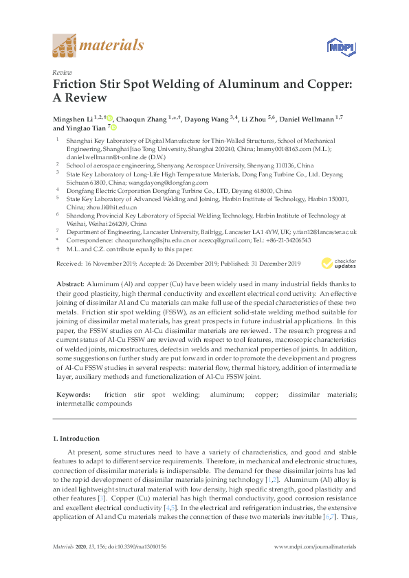 (PDF) Friction Stir Spot Welding of Aluminum and Copper: A Review