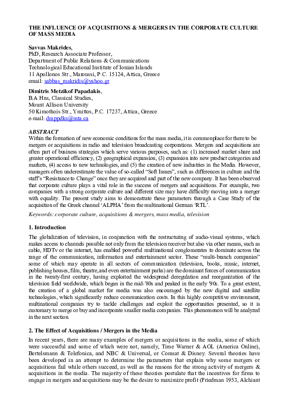 (PDF) The Influence of Acquisitions & Mergers in the Corporate Culture ...